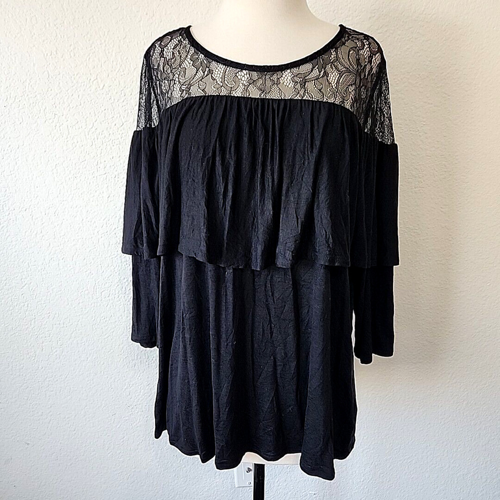 Lane Bryant Women 18/20 Black Tunic Top Lace Ruffle Witchy Romantic Flowy Goth
